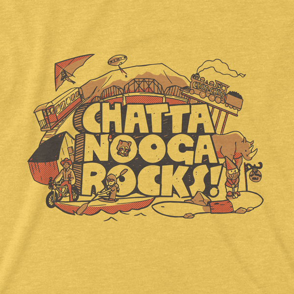 Chattanooga Rocks design featuring Rock City, The Choo Choo, The Signal Mountain spaceship house, Lookout Mountain, The Incline Railroad, and more..