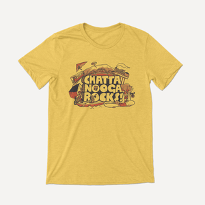 A Bella Canvas heather yellow t-shirt featuring our NativeMade Chattanooga Rocks design.