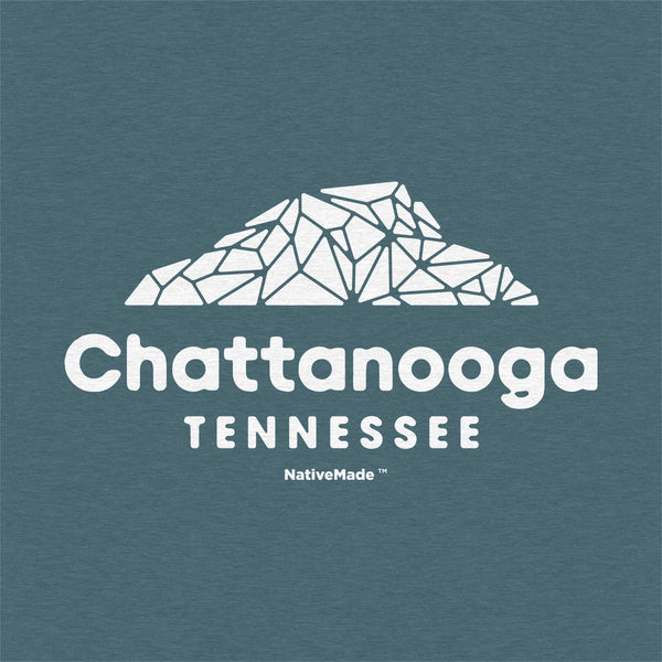 Close up of our Chattanooga Snapchat Long Sleeve Tee featuring an abstract version of Lookout Mountain in Heather Teal