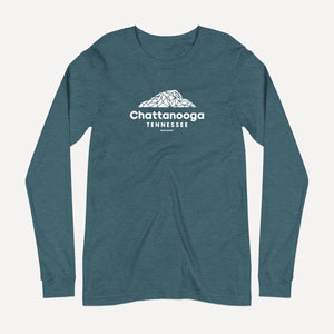Chattanooga Snapchat Long Sleeve Tee featuring an abstract version of Lookout Mountain in Heather Teal