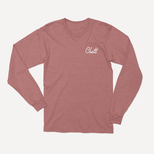 Chatt embroidered long sleeve on a heather mauve tee
