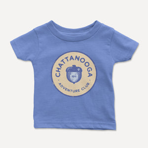 Chattanooga Adventure Club Baby Tee featuring an acorn on a Blue shirt