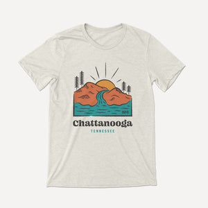 Chattanooga Tee featuring the Tennessee River, mountains, trees, and a sunrise.