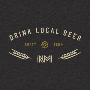 closeup of Black NativeMade long sleeve featuring Drink Local Beer. Chattanooga, Tenn