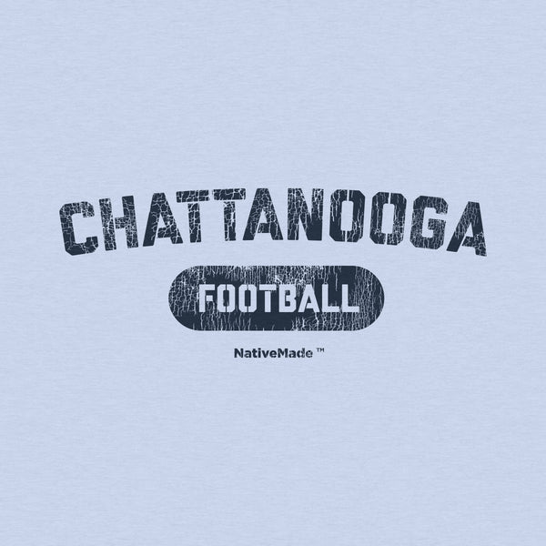 Closeup of a vintage style Chattanooga Football design on a light blue tee 