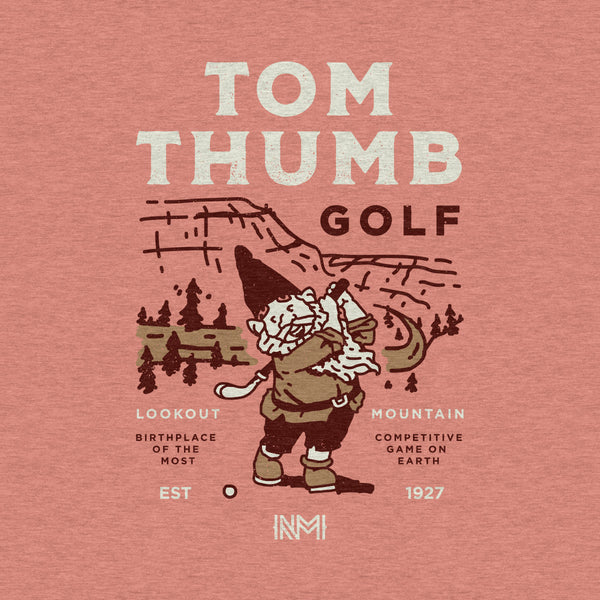 Closeup of Tom Thumb Golf course atop Lookout Mountain, GA featuring a Gnome playing golf on a Mauve t-shirt