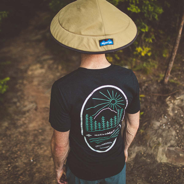 Detail shot of a model wearing the NativeMade Mountain Tee at Snoopers Rock in Chattanooga, Tennessee