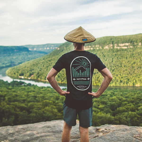 Model wearing the NativeMade Mountain Tee at Snoopers Rock in Chattanooga, Tennessee