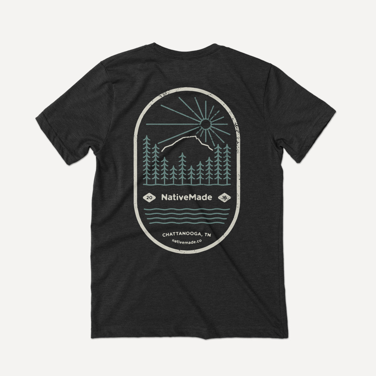 NativeMade Mountain T-shirt on a heather black Bella Canvas Tee