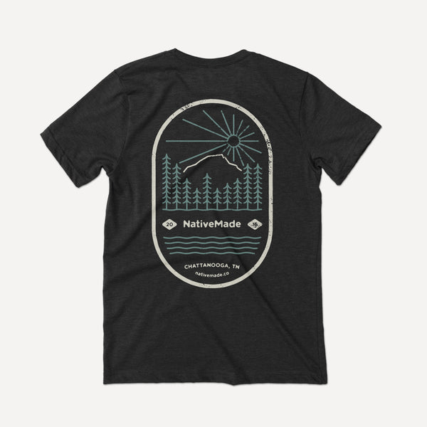 NativeMade Mountain T-shirt on a heather black Bella Canvas Tee