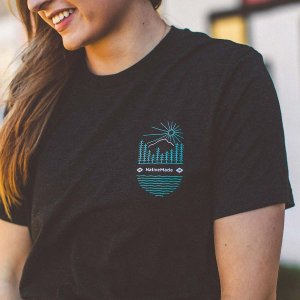Model wearing the NativeMade Mountain T-shirt in Chattanooga