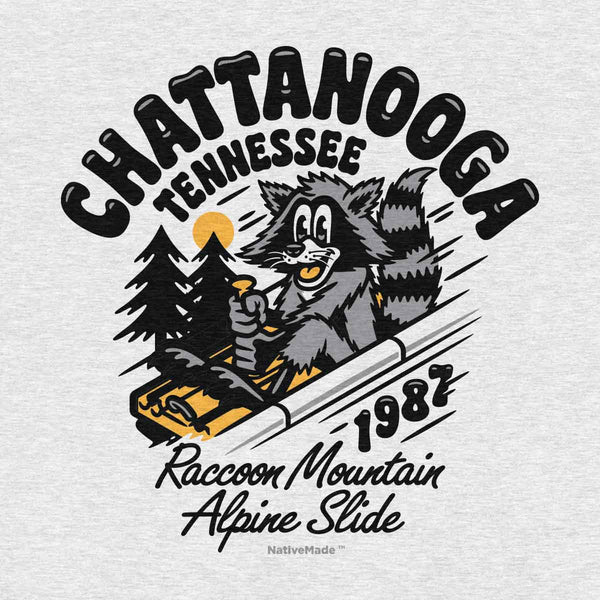 Closeup of the Raccoon Mountain Alpine Slide design on an Heather Ash T-shirt