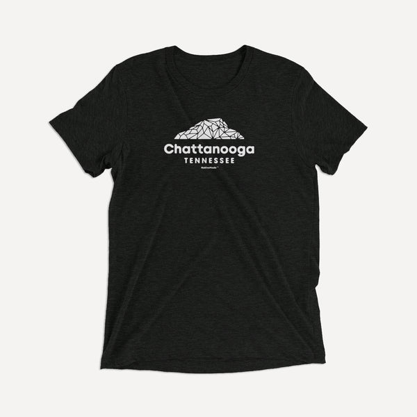 Closeup of our Chattanooga Snapchat Tee featuring an abstract version of Lookout Mountain on a Charcoal Black Triblend T-shirt