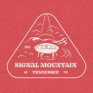 Signal Mountain Spaceship House design on a Heather Red high quality Bella Canvas Youth Tee.