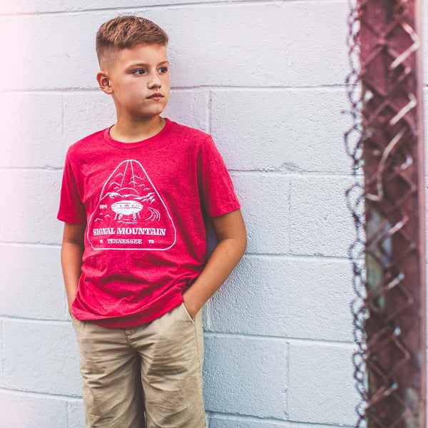 Signal Mountain Spaceship House design on a Heather Red high quality Bella Canvas Youth Tee.