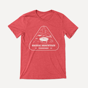 Signal Mountain Spaceship House design on a Heather Red high quality Bella Canvas Tee.