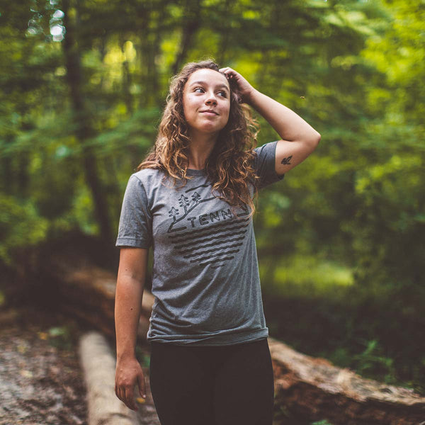 Hiker wearing Tenn Badge t-shirt in the woods in Chattanooga, Tennessee