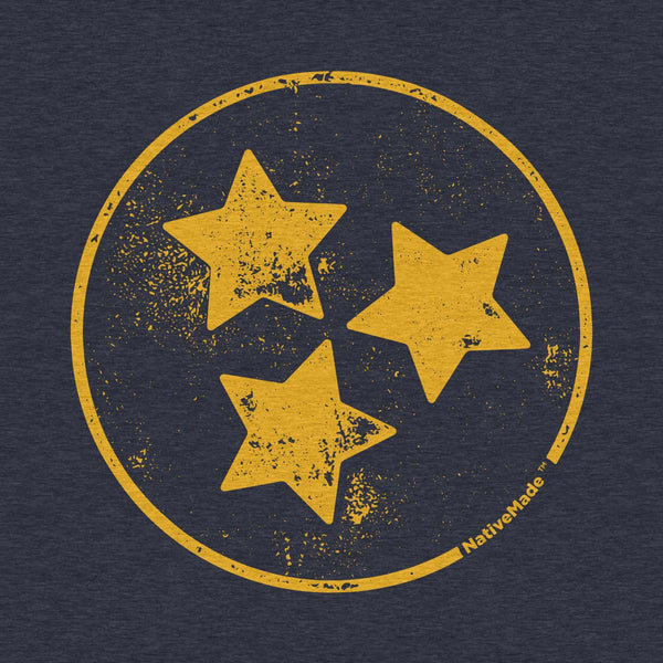 Closeup of our Tennessee Tristar design on a Heather Midnight Navy Bella Canvas Tee